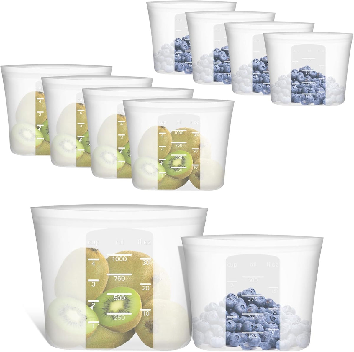 Reusable Sandwich & Snack Bags, 8 Pack 100% Silicone Stand Up Zip Lock ...