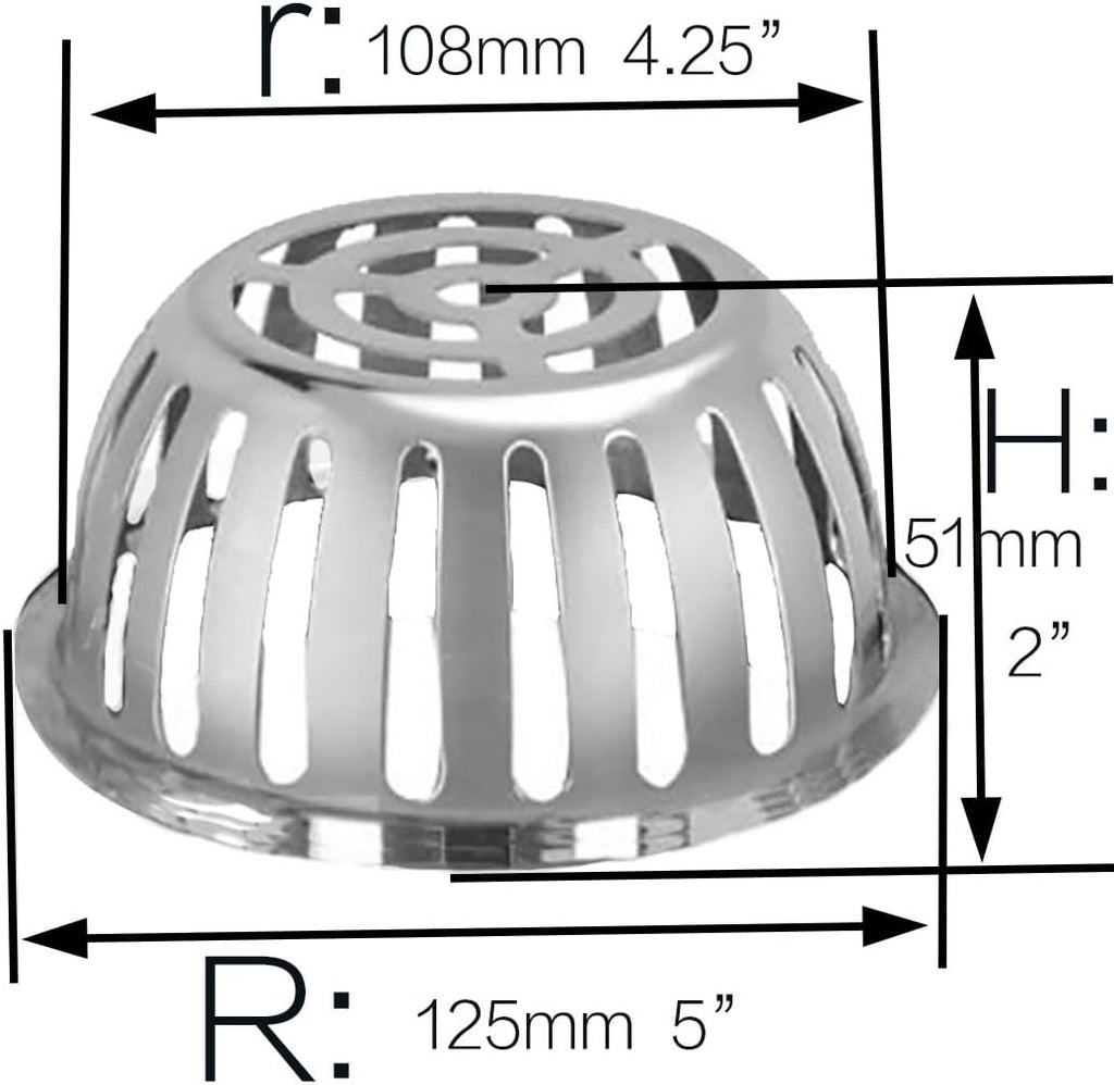 SUS304 Stainless Steel Roof Dome Drain Cover Strainer Anti-Clogging Atrium Grate 2pcs/pk (Φ: 5 inch)