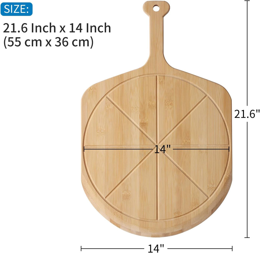 14” Bamboo Pizza Peel - Lightweight Smooth Wooden Pizza Paddle and Pizza Cutting Board with 8 Slice Grooves, Outdoor Pizza Oven Accessories, 21.6 Inch x 14 Inch