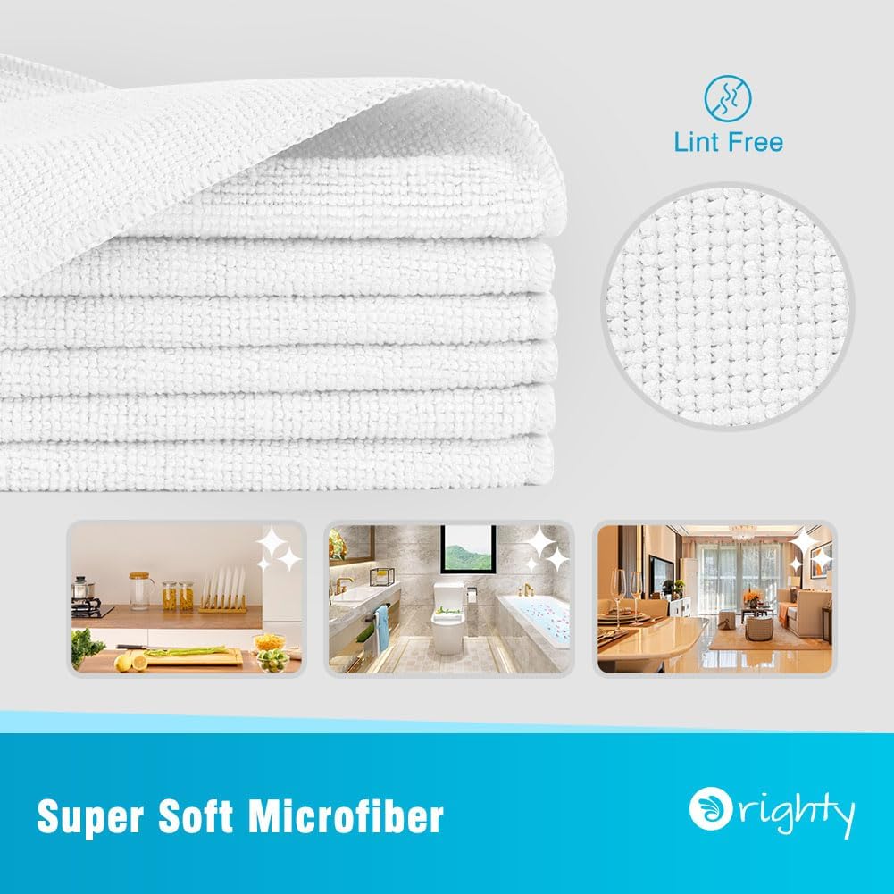 Orighty Microfiber Cleaning Cloth, 12 Pack Highly Absorbent Cleaning Supplies, Lint Free Cloths for Multiple-use, Powerful Dust Removal Clean Rags for House, Kitchen, Car Care(12x12 inch) White