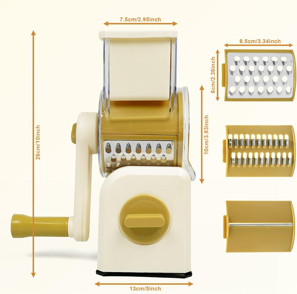 3 in 1 Cheese Grater, Rotary Cheese Grater with Handle for kitchen, Vegetable Slicer with 3 Replaceable Stainless Steel Blades,Peeler and Rubber Gloves (White)
