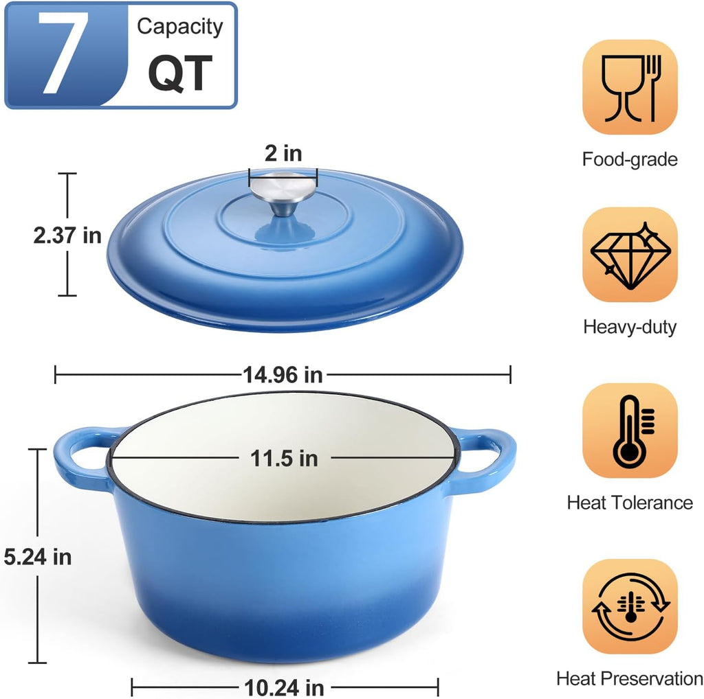 P&P CHEF 7QT Enameled Dutch Oven, Cast Iron Dutch Oven Pot with Lid for Bread Baking, Enameled Casserole Pot for Roasting Braising Stewing Frying Simmering, Various Stoves & Easy Clean, Blue