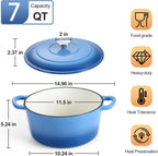 P&P CHEF 7QT Enameled Dutch Oven, Cast Iron Dutch Oven Pot with Lid for Bread Baking, Enameled Casserole Pot for Roasting Braising Stewing Frying Simmering, Various Stoves & Easy Clean, Blue