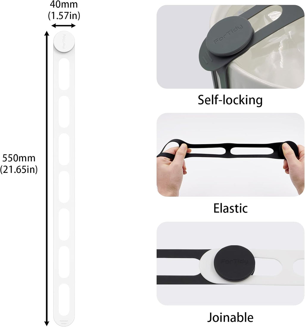 Silicone Utility Strap for Slow Cooker Lid, Pot, Bento Box, 21.65 In Reusable Elastic Self-Lock Silicone Tie for Bundling or Organizing Curtain, Cords, Yoga Mat, Camping Mat, 4pcs (White)