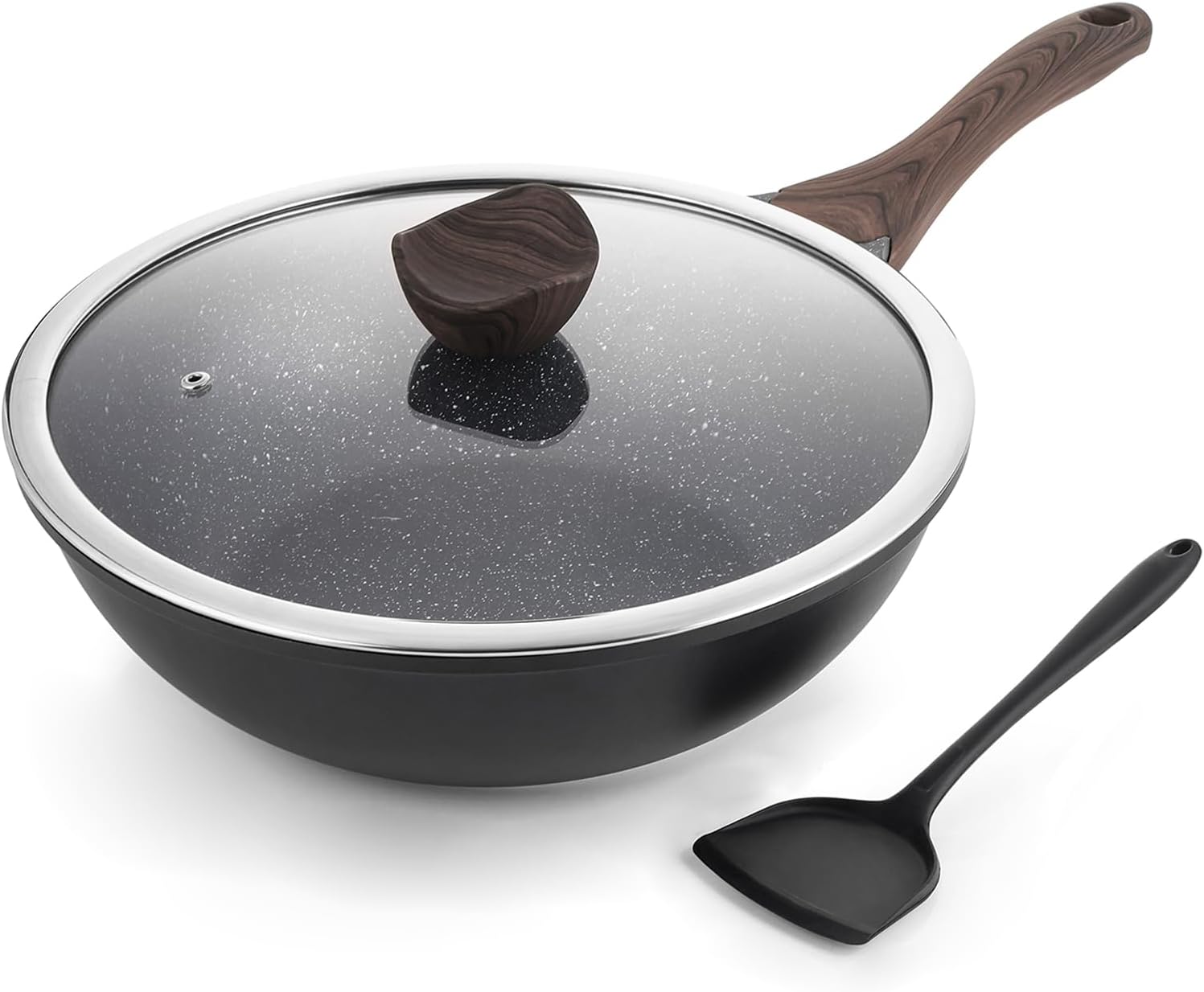 Nonstick Wok with Lid, 12 Inch Woks & Stir-fry Pans, Granite Stone Coating for Cooking, Induction Cookware, Compatible with All Stovetops, PFOA Free