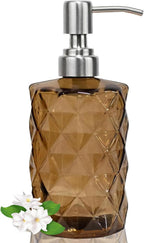 12Oz Brown Glass Soap Dispenser with Stainless Steel Pump, Refillable Kitchen Liquid Hand Soap Dispenser with Diamond Design, for Dispense Hand soap, Dish Soap, Lotion, Bathroom, Countertop, Hotel