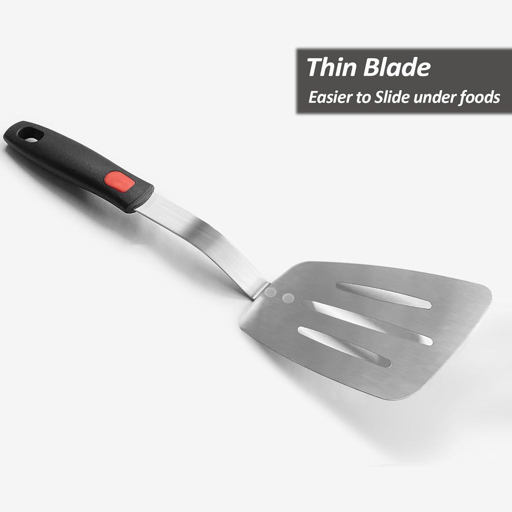 Stainless Steel Flexible Spatula Slotted Turner, XiaoZu Thin Metal Spatula for Cast Iron Skillet, Thin Blade and Heat Resistant Silicone Handle, Great for Egg, Cookie, Meat, Crep, Medium + Large