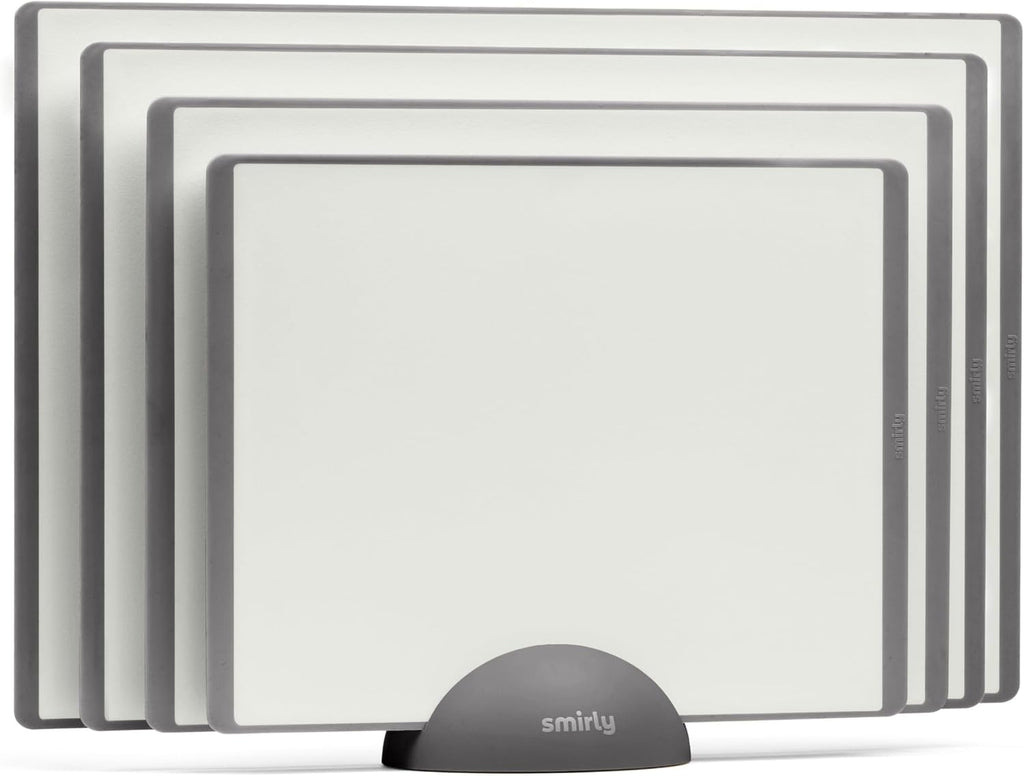 SMIRLY Plastic Cutting Board Set with Holder 4 Pieces, Non-Slip Dishwasher Safe Chopping Boards for Kitchen, Grey & White