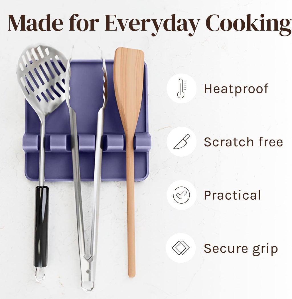 Silicone Spoon Rest for Stove Top with Drip Pad (Two Pack) - Heat Resistant BPA Free Utensil Rest & Spoon Holder for Kitchen Counter - Grill Utensil Holder - Spatula Holder, Tongs, Ladle - Purple