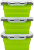 CCyanzi 3piece Collapsible Food Storage Containers with Lids, Silicone Lunch Container, Microwave & Freezer Safe, Space Saving for Kitchen Cabinet and Camping Backpack,(green gray)