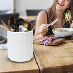 Small Utensil Holder for Kitchen Counter (H5.51” x W4.92”), Countertop Utensil Holder for Kitchen Ceramic, Utensils Crock for Countertop, Includes Silicone Drying Mat, White