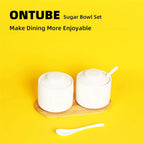 ONTUBE Ceramic Sugar Bowl with Lid and Spoon Set of 2,Porcelain Seasoning Box Salt Bowl with Tray,8oz (White)
