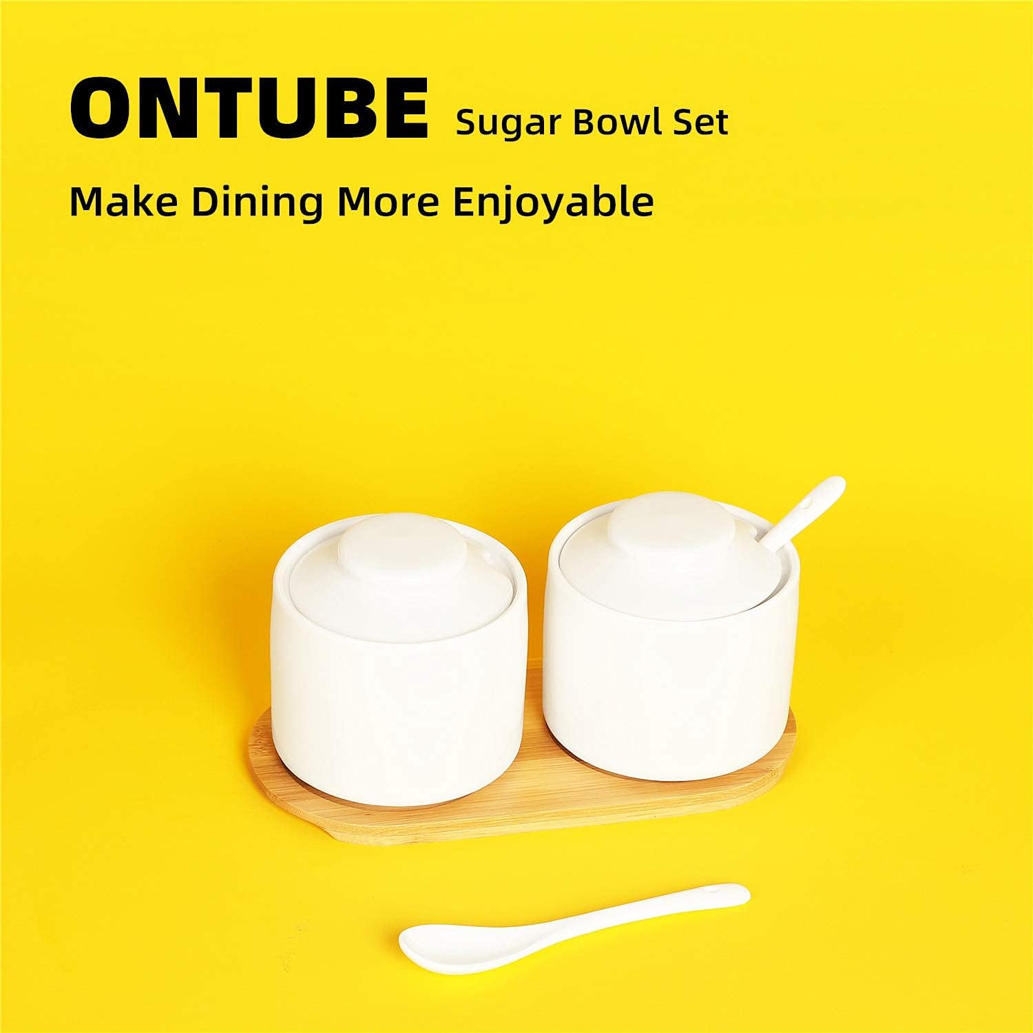 ONTUBE Ceramic Sugar Bowl with Lid and Spoon Set of 2,Porcelain Seasoning Box Salt Bowl with Tray,8oz (White)