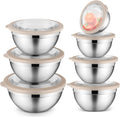 E-far Stainless Steel Mixing Bowls with Airtight Clear Lids Set of 7, Metal Nesting Bowls for Kitchen Prep, Baking, Cooking, Serving, Salad, Dishwasher Safe, Size 4.6, 3.5, 3, 2, 1.5, 1, 0.7QT, Khaki