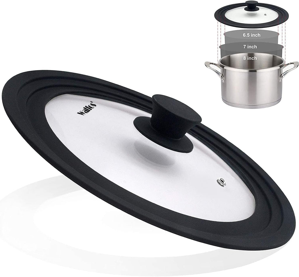 Universal Lid for Pots, Pans and Skillets & Frying Pan - Small Pan lids Fits 6.5", 7" and 8" Diameter Cookware - Tempered Glass with Heat Resistant Silicone Rim