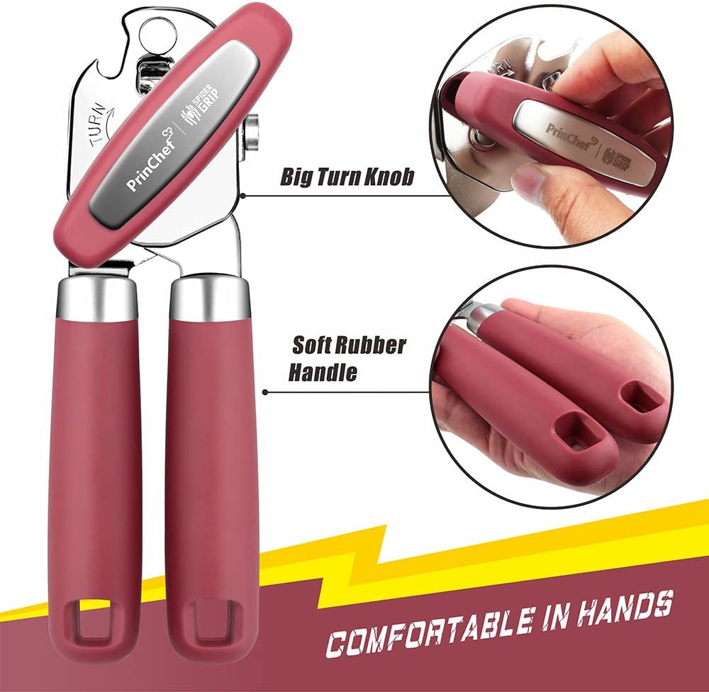 PrinChef Can Opener Manual, Can Tin Bottle Opener with Magnet - No-Trouble-Lid-Lift, Handheld Can Opener Smooth Edge with Sharp Blade, Heavy Duty and Easy to Use, for Seniors with Arthritis, Red