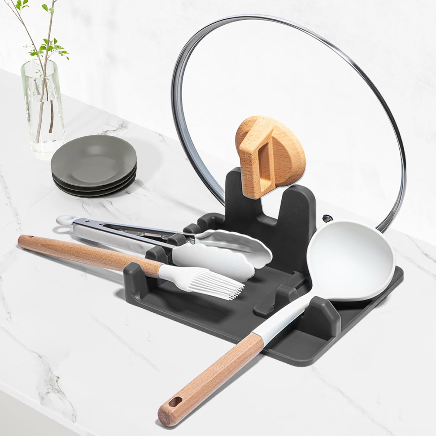 AUOON Spoon Rest for Stove Top - Silicone Utensil Rest with Drip Pad for Kitchen Counter | Practical Kitchen Gadgets for Cooking | Dishwasher Safe (Grey, Large)