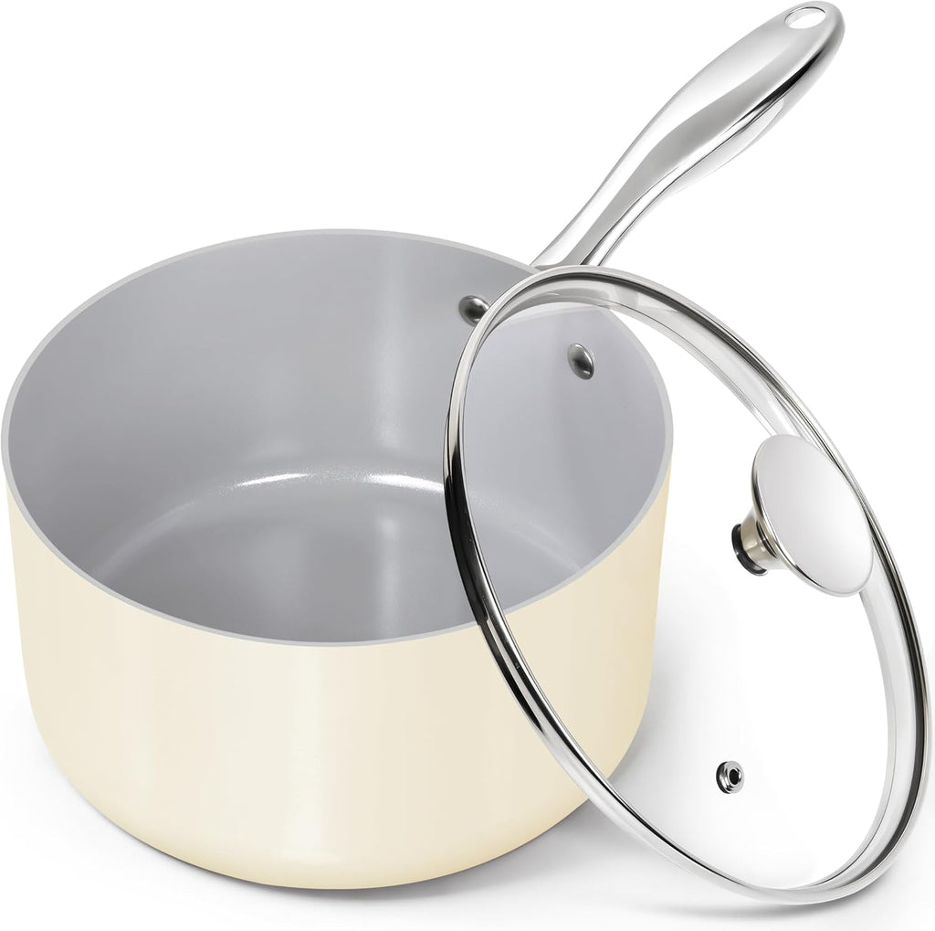 MICHELANGELO 3 Quart Saucepan with Lid - Non Toxic Sauce Pan with Nonstick Ceramic Coating, Scratch-Resistant, Induction Saucepan Suitable for All Stovetops, Beige