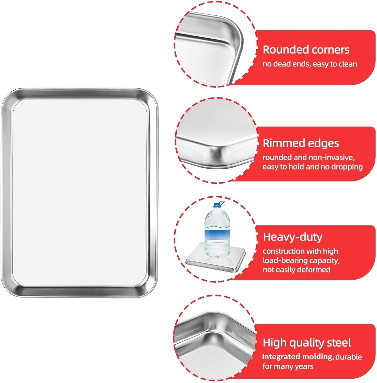 Cookie Sheets for Baking, Stainless Steel Baking Sheet Baking Pan Tray - 12.4 x 10 x 1 Inch, Non Toxic & Healthy, Mirror Finish & Easy Clean, Dishwasher Safe & Heavy Duty