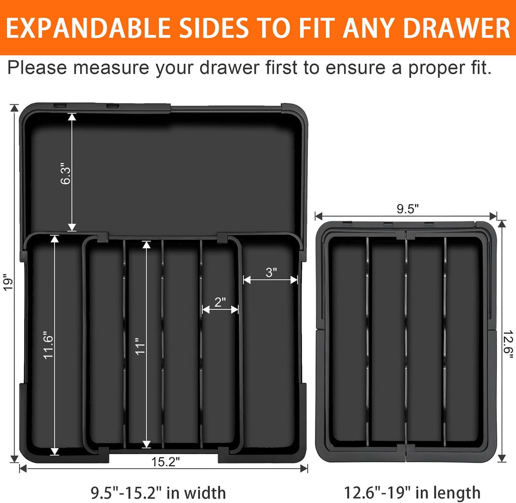 Silverware Organizer - Expandable Kitchen Drawer Organizer, Utensil Drawer Organizer, Adjustable Plastic Flatware and Cutlery Holder, Kitchen Organizers Storage for Forks Knives, Black