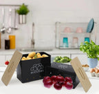 Potato Onion Storage Box, Food Container Sets, Storage Canisters for Vegeatables, Set of 2 Jars Pots Containers, Potato & Onion Bin with Aerating Tin Storage Holes & Bamboo Lid-Black