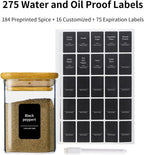 10Pcs 7oz Spice Jars Glass Container with 275 Labels, Airtight Seasoning Empty Organizer with Bamboo Lid Set for Pepper, Salt, Sugar