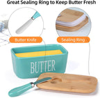 Ceramic Butter Dish with Wooden Lid, Large Butters Container Keeper Storage with Stainless Steel Knife Spreader, Bamboo Cover and Silicone Sealing Ring for West East Coast, Aqua