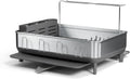 simplehuman Large Capacity Dish Drying Rack with Stainless Steel Frame, 360º Easy Drain Swivel Spout, Utensil & Wine Glass Holder, Anti-Residue Coating, Moisture Control Surface, Grey