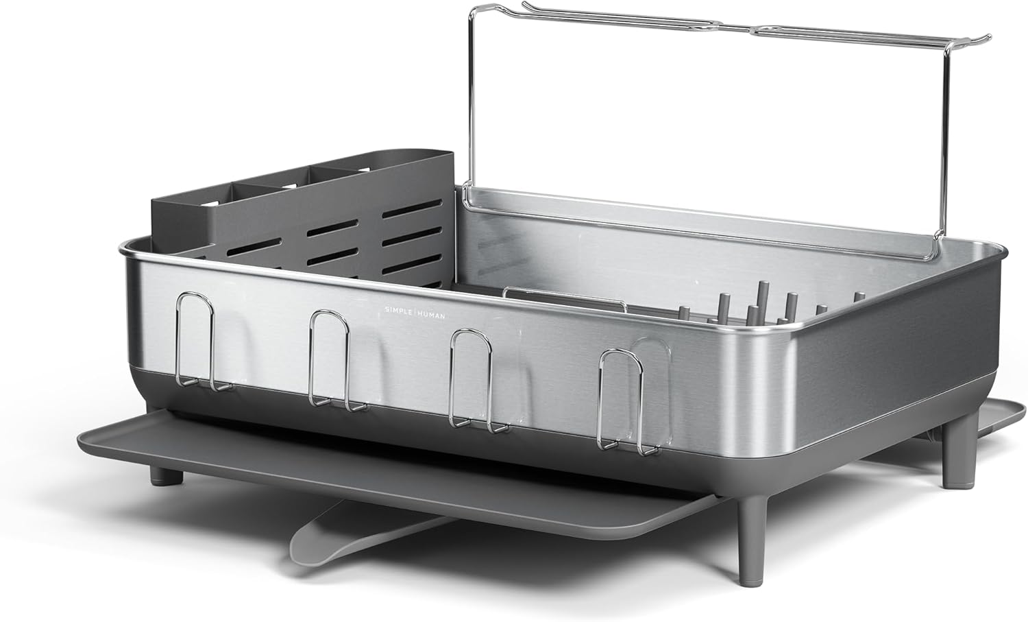 simplehuman Large Capacity Dish Drying Rack with Stainless Steel Frame, 360º Easy Drain Swivel Spout, Utensil & Wine Glass Holder, Anti-Residue Coating, Moisture Control Surface, Grey