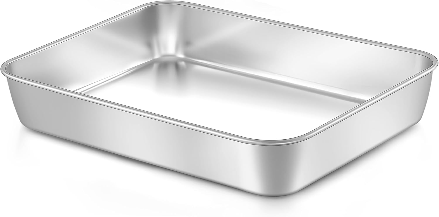 LIANYU 12⅓ x 9¾ x 2 Inch Baking Cake Pan, Rectangle Bakeware for Lasagna Brownies Casseroles, Stainless Steel Toaster Oven Pan, Dishwasher & Oven Safe