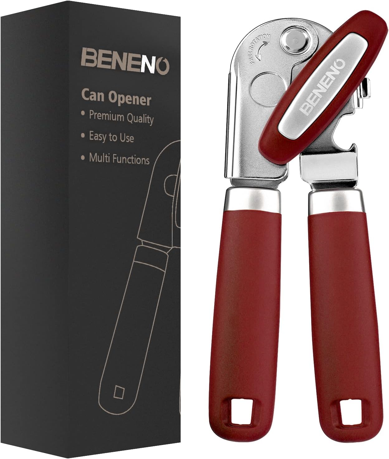 Beneno Can Opener Manual with Magnet, Hand Held Heavy Duty Can Opener with Durable Sharp Blade Smooth Edge, Big Effort-Saving Knob, Soft Grip Rubber Handle, Multifunctional Bottle Opener, Red