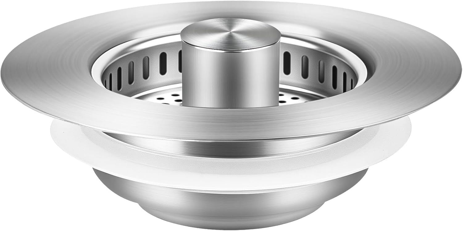 Kitchen Sink Drain Strainer/Strainer Basket, Upgraded 3 in 1 Stainless Steel Pop-up with Anti-Clogging Basket Sink Stopper, Suitable for US Standard 3-1/2" Sink Drain Hole (Brushed Nickel)