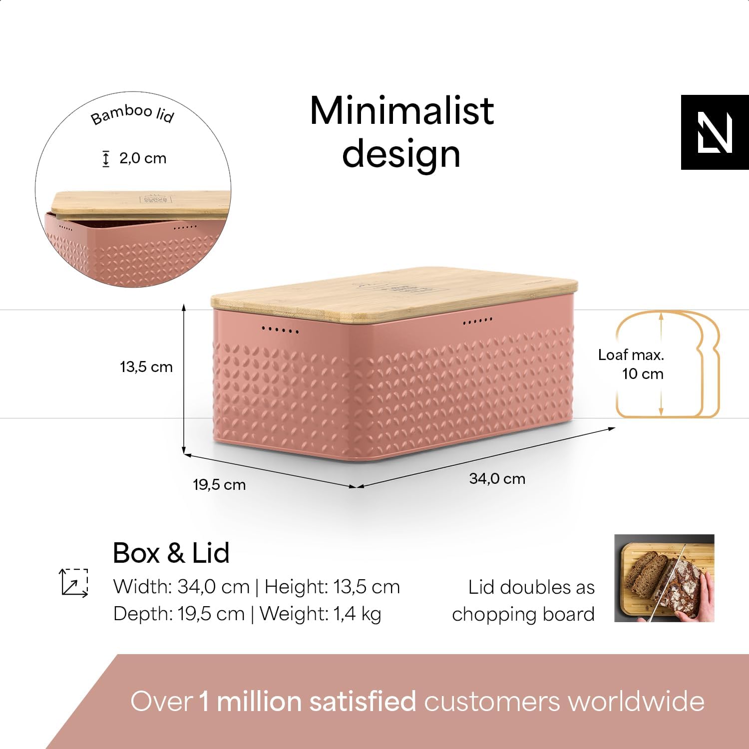 LARS NYSØM Bread Box I Metal Box with linen bag for long lasting freshness I Bread Bin with bamboo lid usable as cutting board I 13.4x7.3x5.3In (Brick Red)