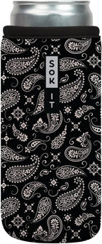 Sok It CanSok Sleeve for Beer & Soda Insulated Neoprene Cover (Black Bandana, 12oz Slim Can Sleeve)