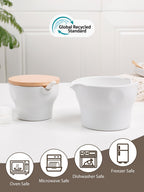 INGOFIN Ceramic Sugar and Creamer Set with Lid and Spoon, 3-Piece Porcelain Creamer Pitcher Milk Jug and Sugar Bowl for Coffee Bar, Tea Time, Kitchen Serving,3.5oz & 6oz, Dishwasher Safe, Modern White