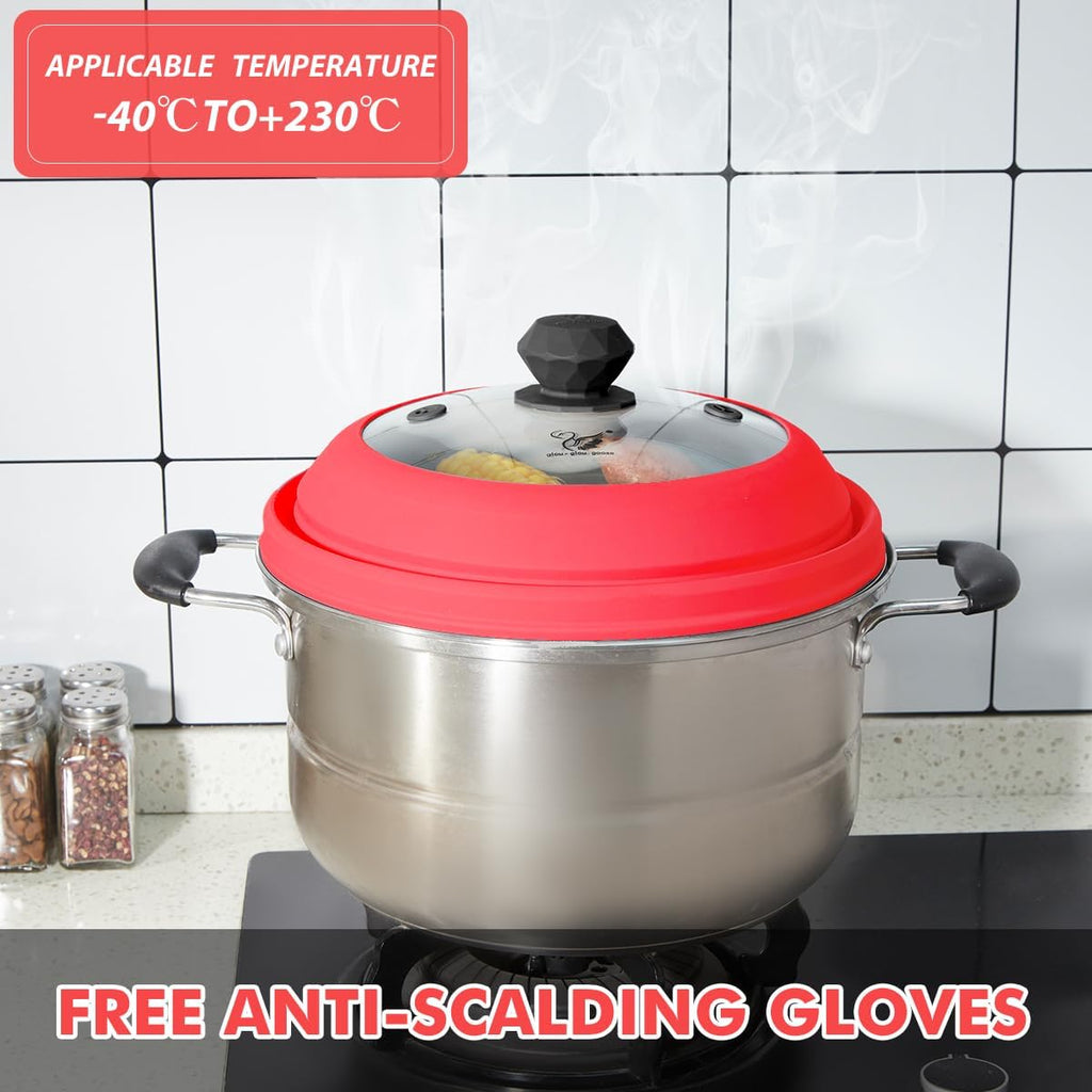 Microwave Splatter Cover Vented Glass Splatter Guard Lid with Collapsible Silicone for Food as Pot Cover Plate 10.8 inch for 6 7 8 9 10 inch Plate Bowl Red