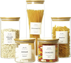 5 Pcs Glass Food Storage Containers With 132 Pantry Labels Preprinted - Thicken(3mm) Jars Airtight Bamboo Lid Stackable Kitchen Canisters Set For Candy, Cookie, Rice, Sugar, Flour