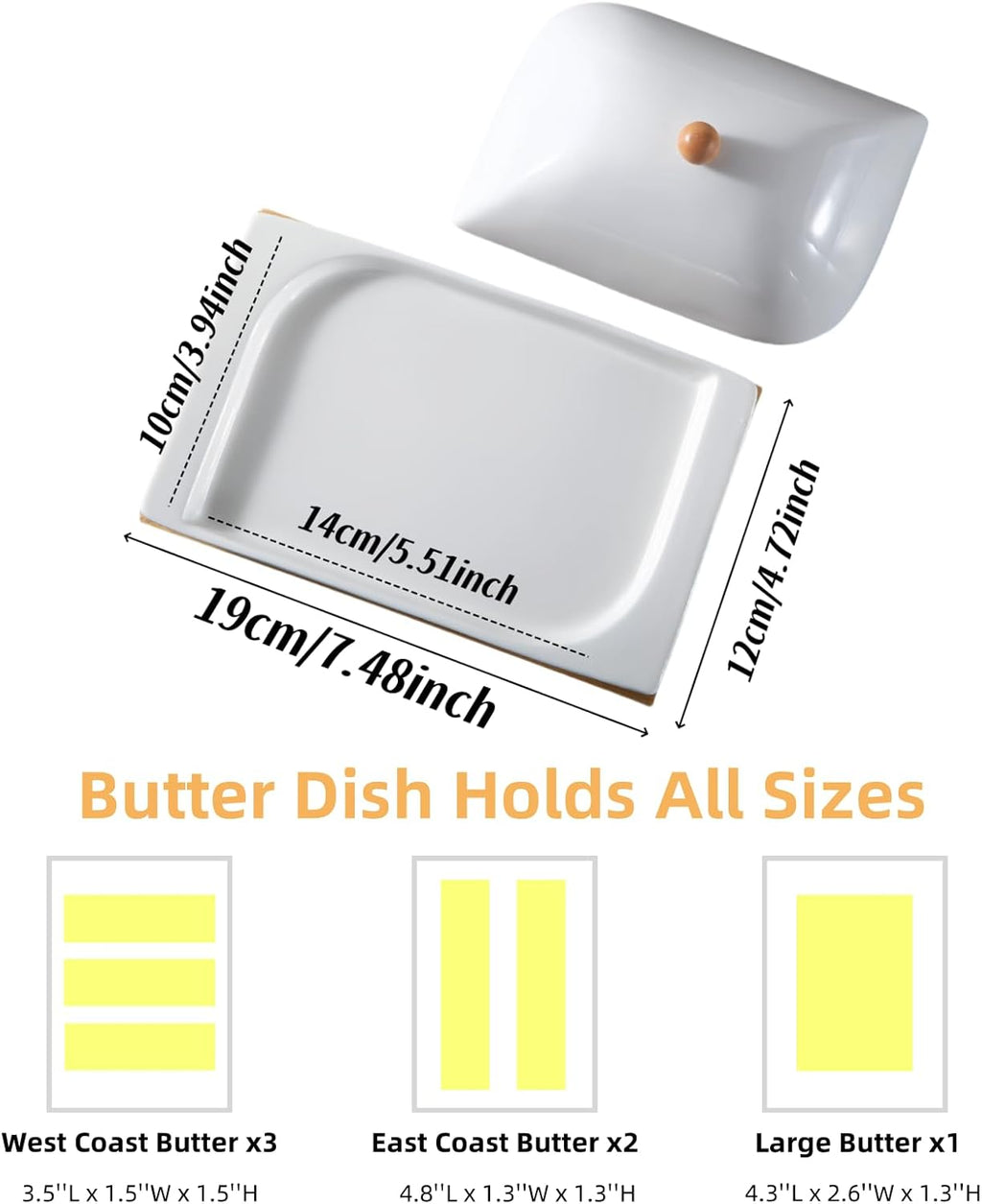 HAN SHENG Ceramic Butter Dish with Bamboo Tray & Lid - Butter Keeper Holder for Countertop, Fits East/West Coast & Large Sticks, Kitchen & Table Decor Gift