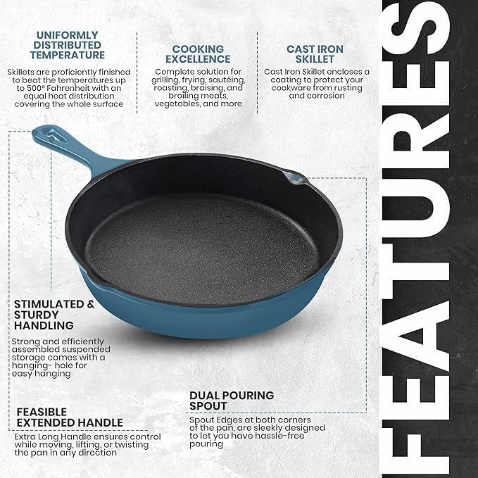 Utopia Kitchen Saute Frying Pan 3 Piece Set, Cast Iron Chefs Pan, Pre Seasoned Cast iron Skillets, 6, 8 & 10 Inches, Easy Use in the Oven, Stove, Grill, or Campfire, Teal