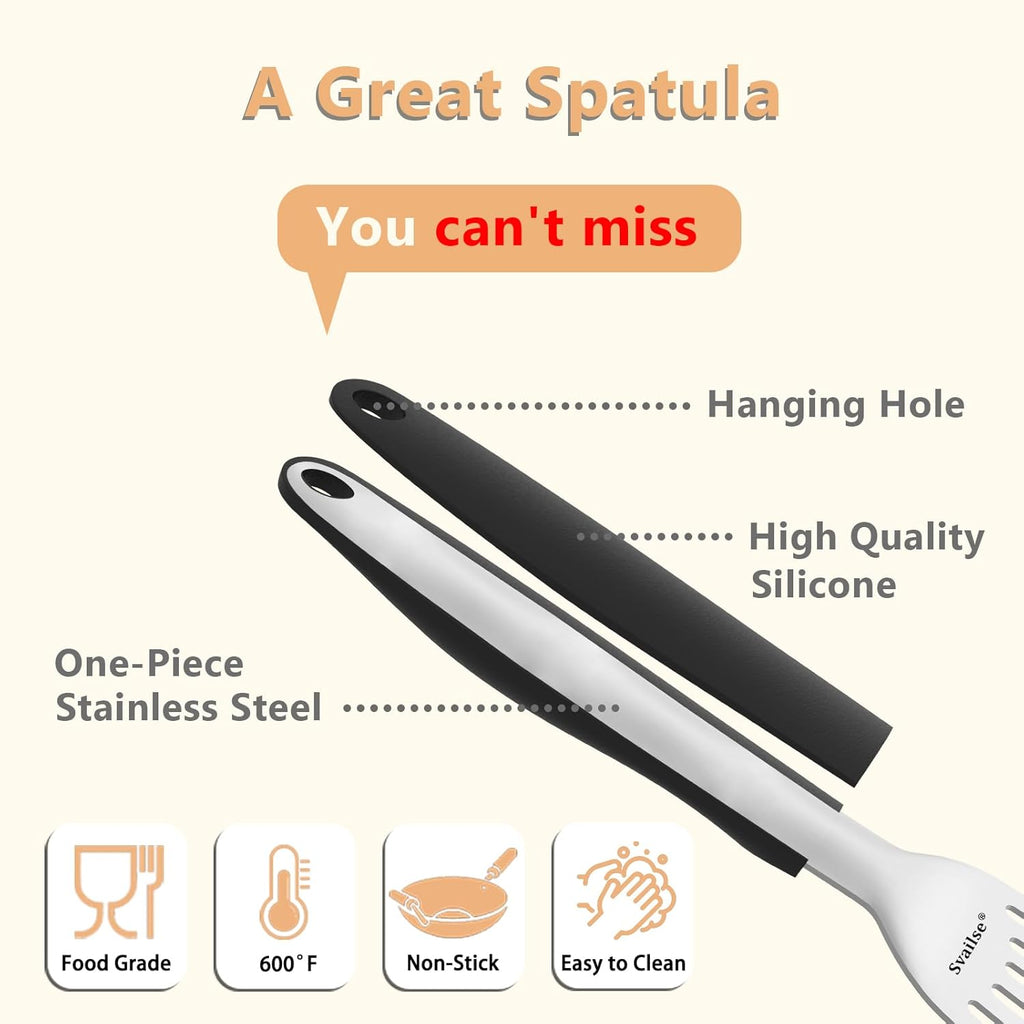 Fish Spatula Stainless Steel, Metal Spatula for Cast Iron Skillet, Slotted Turner with Silicone Handle for Cooking, Grilling, Flipping, Egg, Cookie, Pancake and Burger (Large, 13.5 Inch)