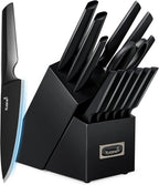 Kuisine Premium Knife Set,One-piece Steel Molding,High Carbon Stainless Steel Ultra Sharp,Non-slip Ergonomic Solid Steel Handle,Built-in Sharpener Knife Block Set,Luxury Gift(15PCS,Black)