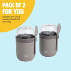 Tasty Travel Snack Cups with Spoons, On-The-Go Snacking, Divided Compartments, Great for Nuts, Cereal, Granola, Yogurt and More, Made Without BPA, 2-Pack, Gray