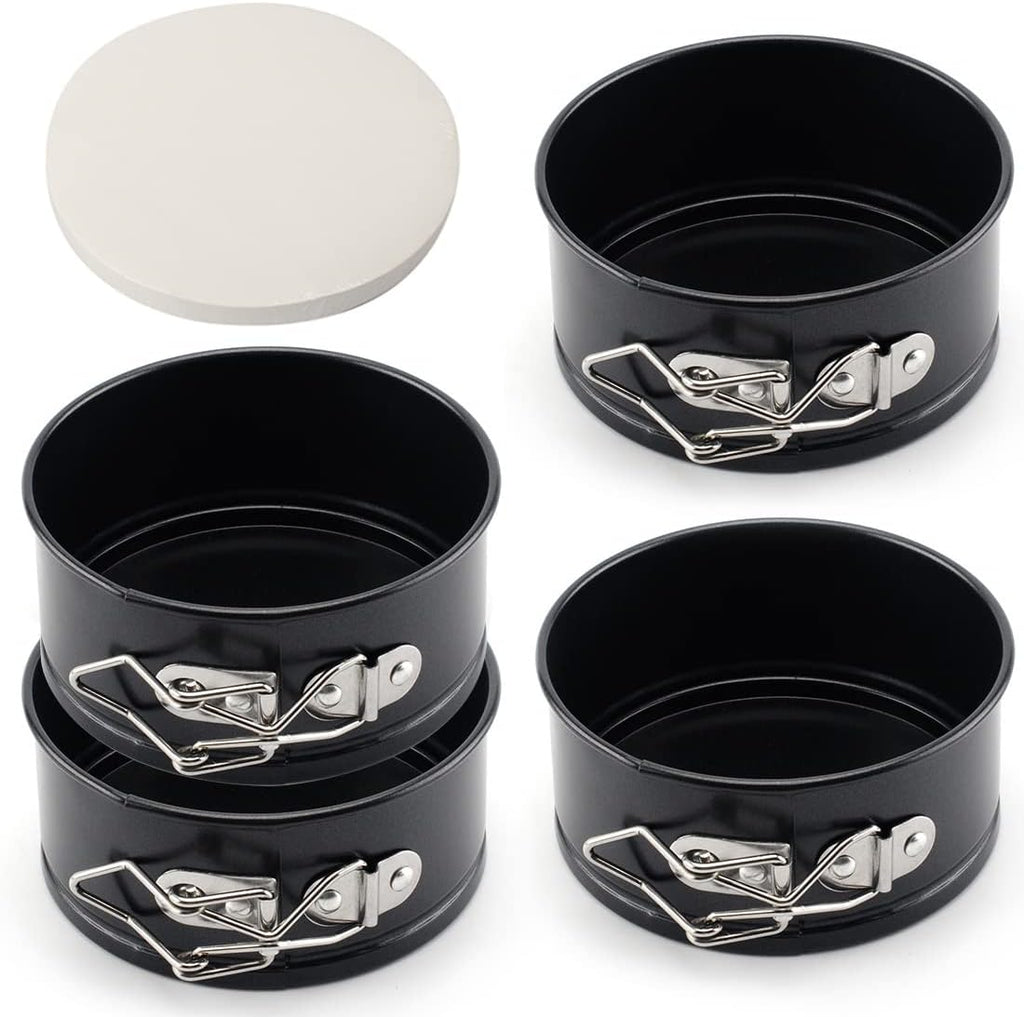 Tellshun 4 Pack Small Springform Cheesecakes Pan Tins Set 4 Inch Mini Baking Mold 4 Pieces Round Leakproof Nonstick Removable Bottom Bakeware for Pie Pizzas and Quiches Includes 50Pcs Parchment Paper