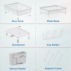 2 Tiers Dish Drying Rack, Space-Saving Dish Racks for Kitchen Counter, Dish Drainer Drying Rack with Drainboard, Utensil Holder Cups Holder and Adjustable Swivel Spout, White