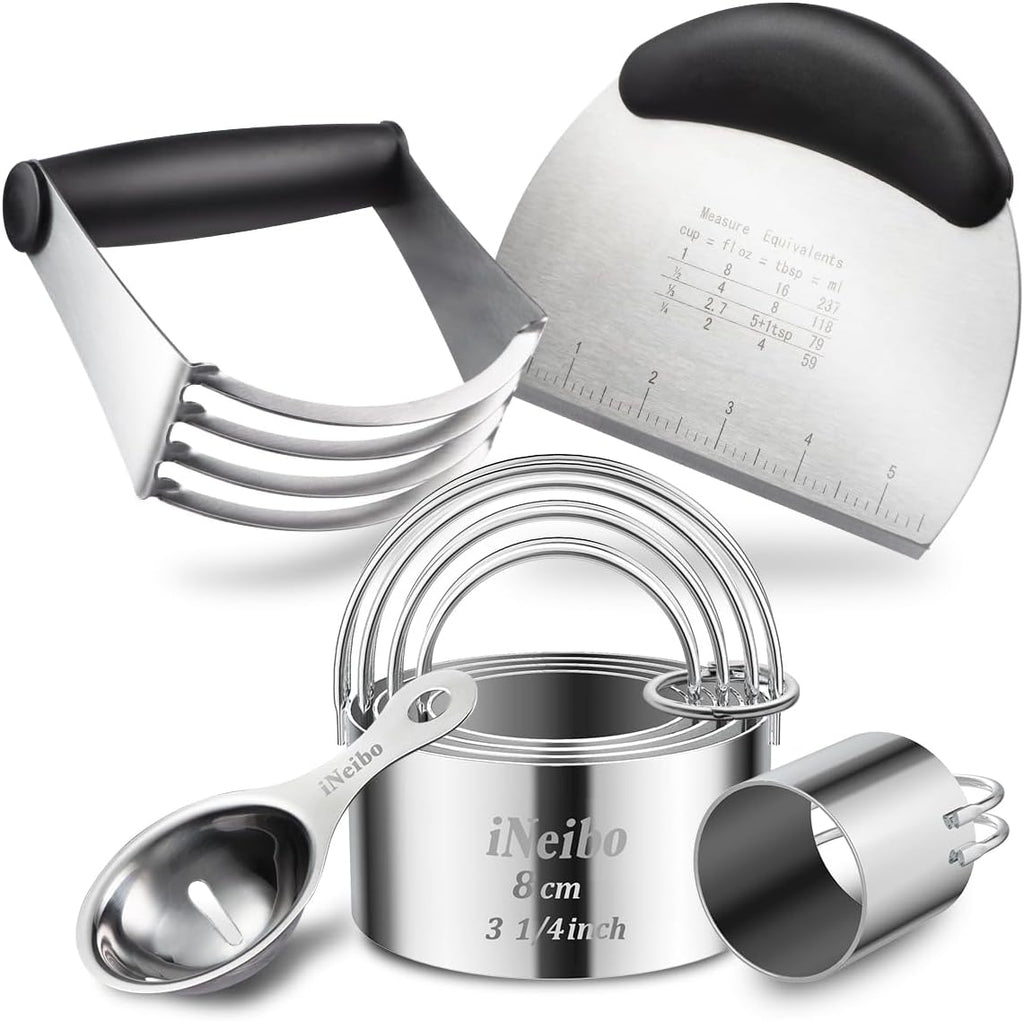 iNeibo Professional Baking Tools Biscuit Cutter Set Dough Blender/Cutter Round Cookies Cutter with Handle + Pastry Scraper+Egg Separator Heavy Duty Baking Dough Tools Pastry Utensils (Baking Tools)