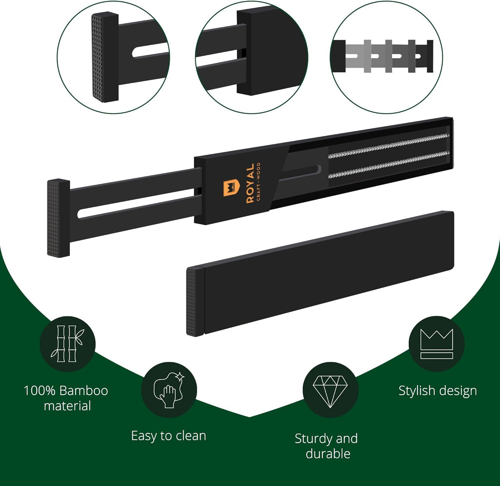 ROYAL CRAFT WOOD Adjustable Bamboo Drawer Dividers – Expandable Organizer for Kitchen, Bedroom, Bathroom, Dresser & Office – 4-Pack 17-22", Black