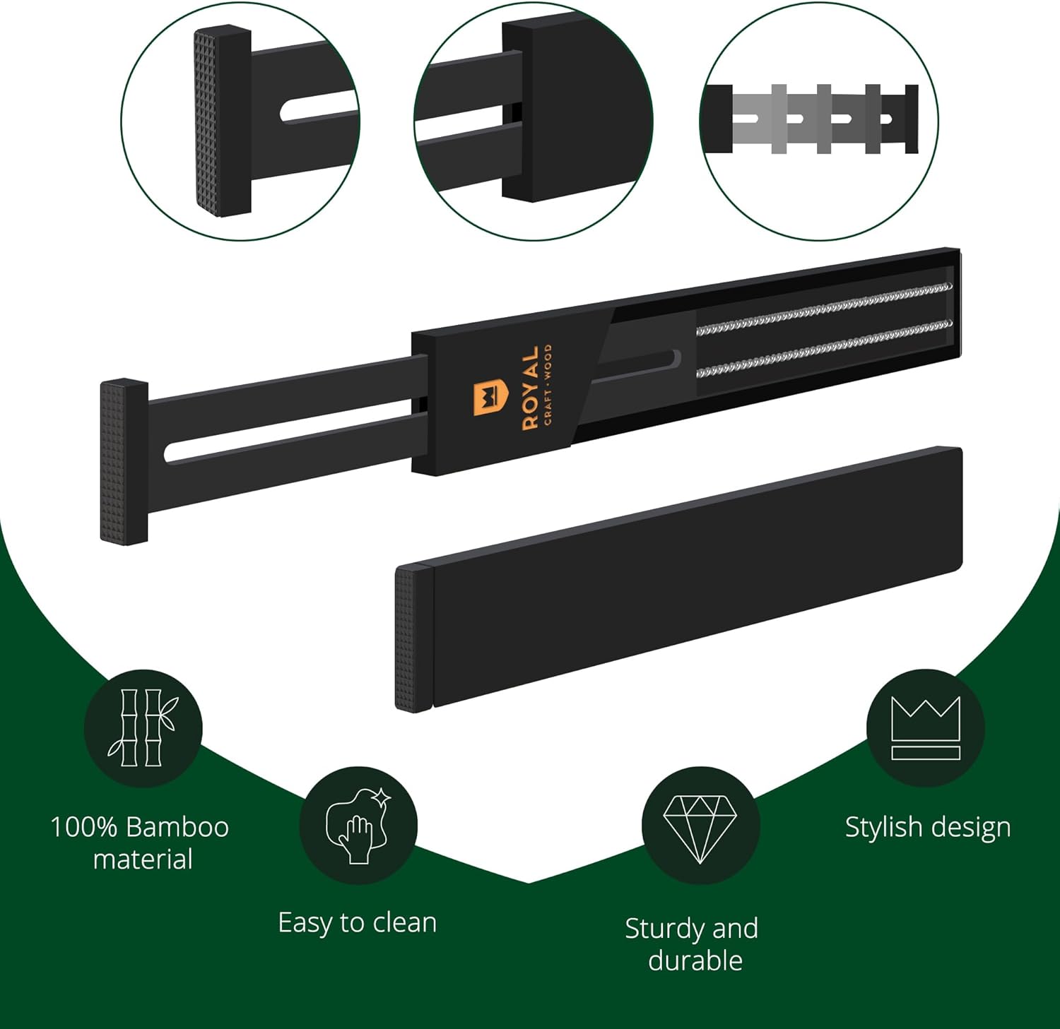 ROYAL CRAFT WOOD Adjustable Bamboo Drawer Dividers – Expandable Organizer for Kitchen, Bedroom, Bathroom, Dresser & Office – 4-Pack 17-22", Black