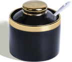 HAOTOP 8 oz Sugar Bowl with Lid and Spoon, Simple Ceramic Sugar Jar Sugar Dispenser Sugar Container Coffee Bar Accessories, Modern Kitchen Countertop Canisters, Black