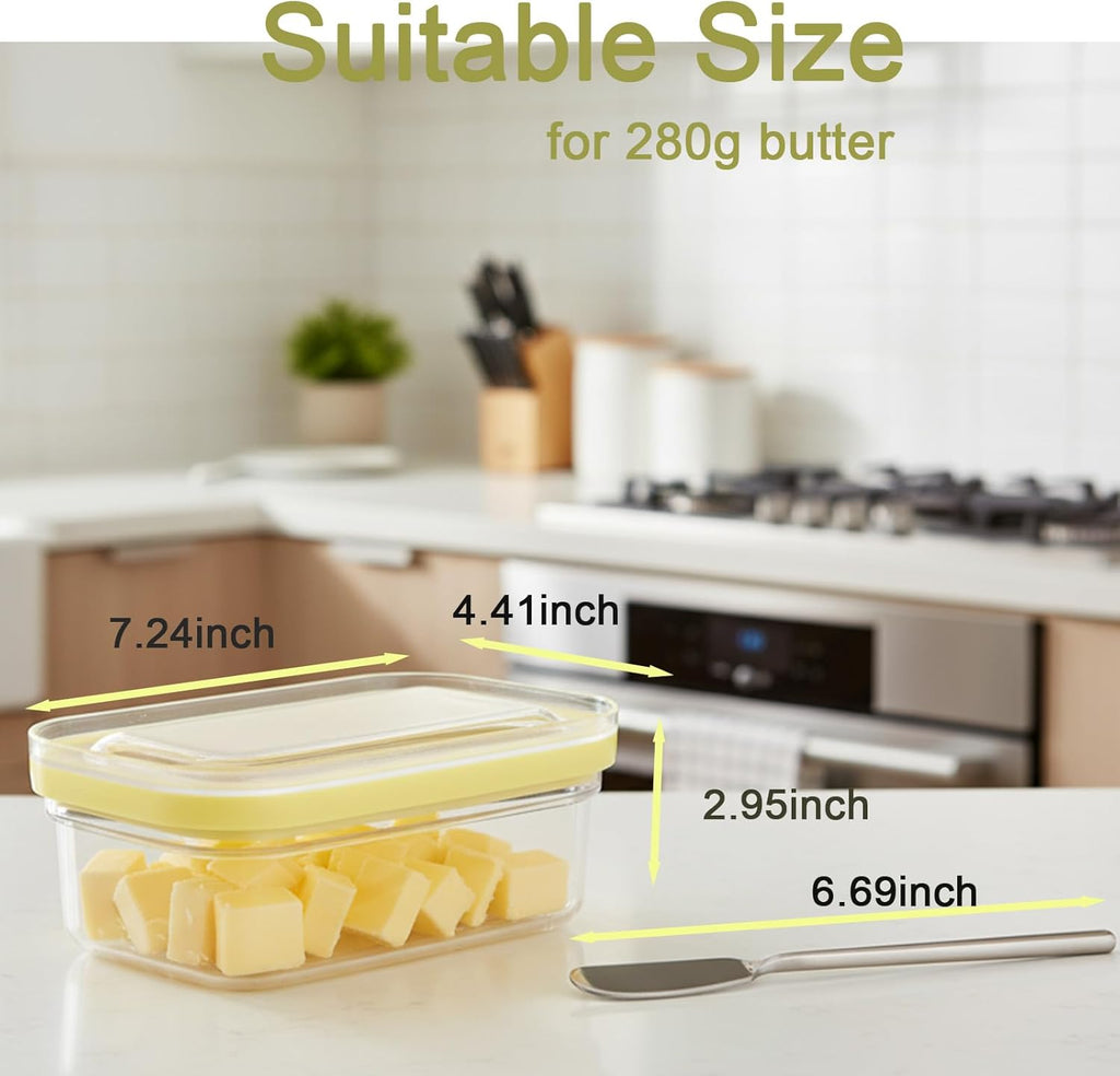Butter Dish Slicer Cutter with Lid Sealed Butter Container with Stainless Steel Cutting Grid & Fork for Kitchen Countertop or Refrigerator Storage