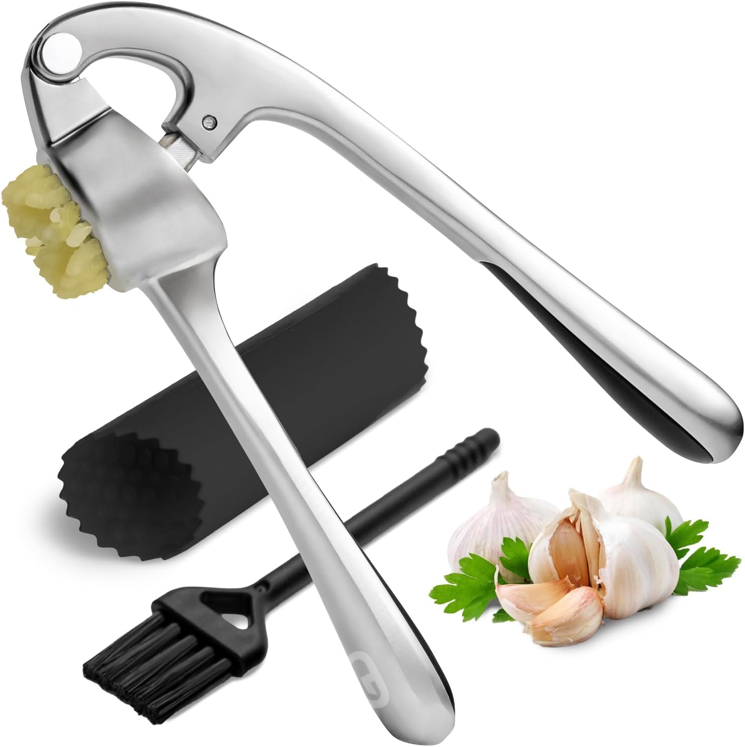GD Garlic Press Crusher Mincer Tool - Dishwasher Safe & Rust Proof, Easy-Squeeze Garlic Smasher with Ergonomic Handle, Includes Silicone Garlic Peeler & Brush (Silver)